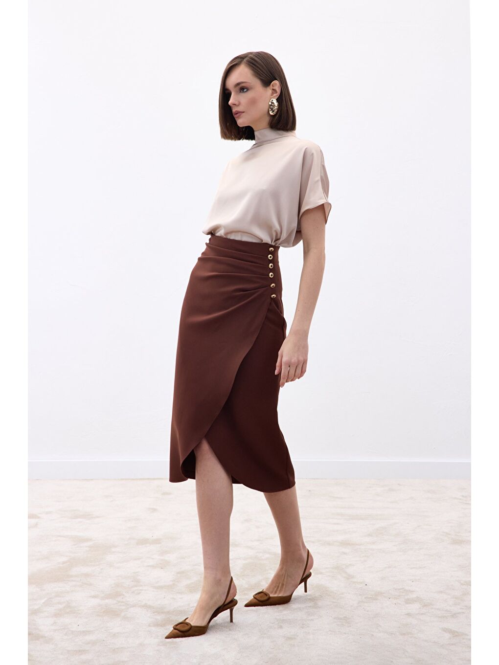 Kahverengi Düğme Detaylı Kalem Etek - Kahve-2