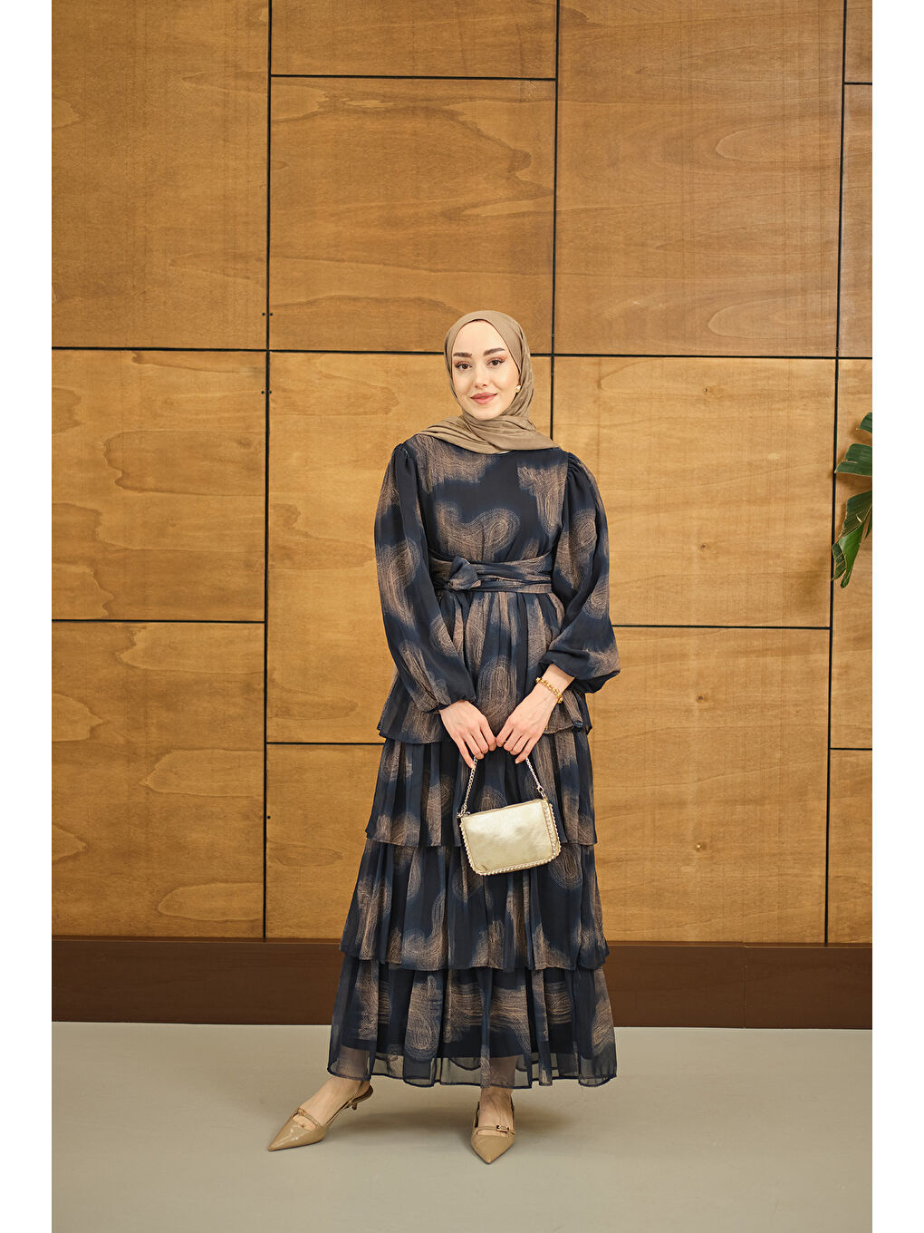 Kadın Kat Kat Dökümlü Şifon Elbise Lacivert-4