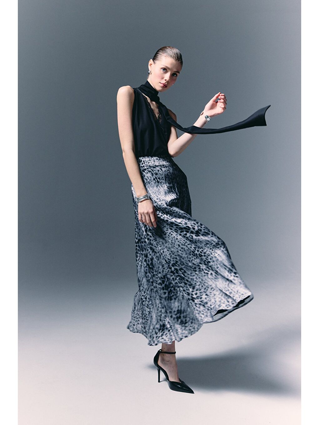 Leopar Desenli Uzun Etek - Siyah-2