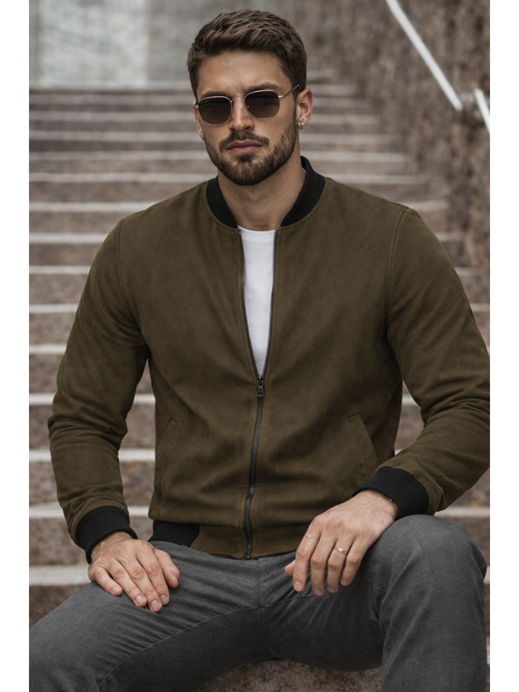 Erkek Basic Dar Kalıp Haki Nubuk Ceket-3