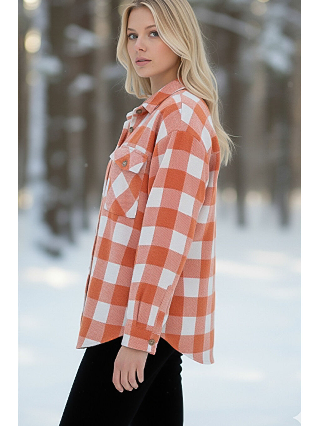 Turuncu-Beyaz Gömlek Yaka Manşetli Kollu Ekose Çift Kapaklı Cepli Kalın Oversize Dokuma Gömlek 68 66-2