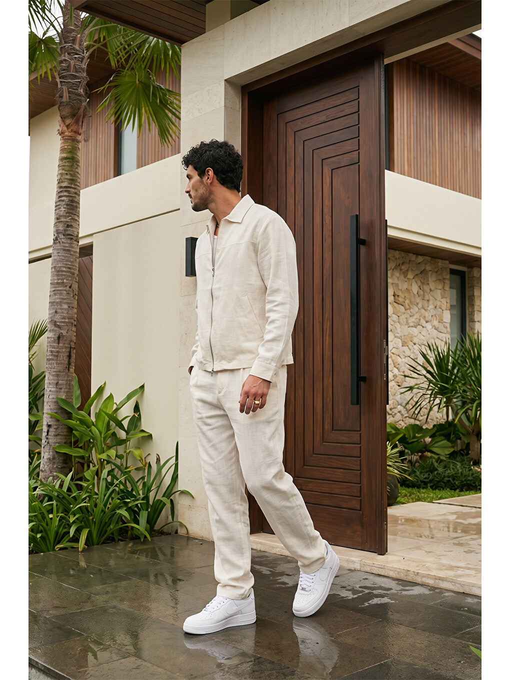 Bej Artigas Premium Fermuarlı Düz Basic Ceket Pantolon Erkek Takım Relax Kalıp-3