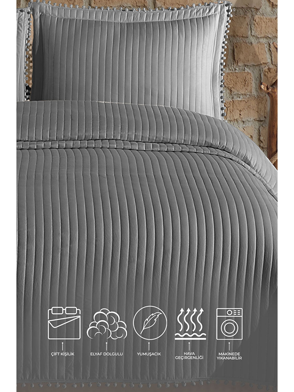 Florita Yatak Örtüsü Seti Çift Kişilik (240x260 cm) Gri-1