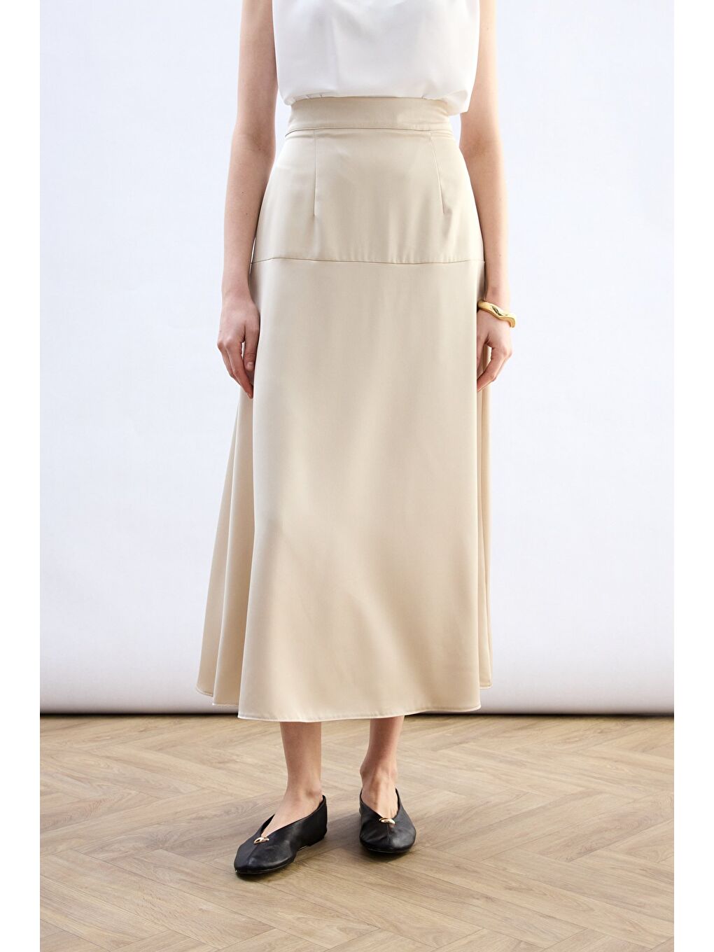 Bej Yüksek Bel Saten Etek - Taş-5