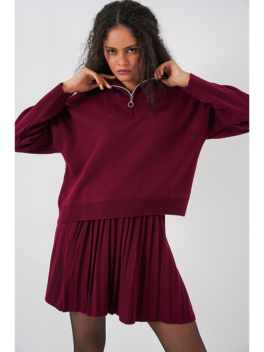 Kadın Kazak Etek İkili Takım 15938 - Bordo-3