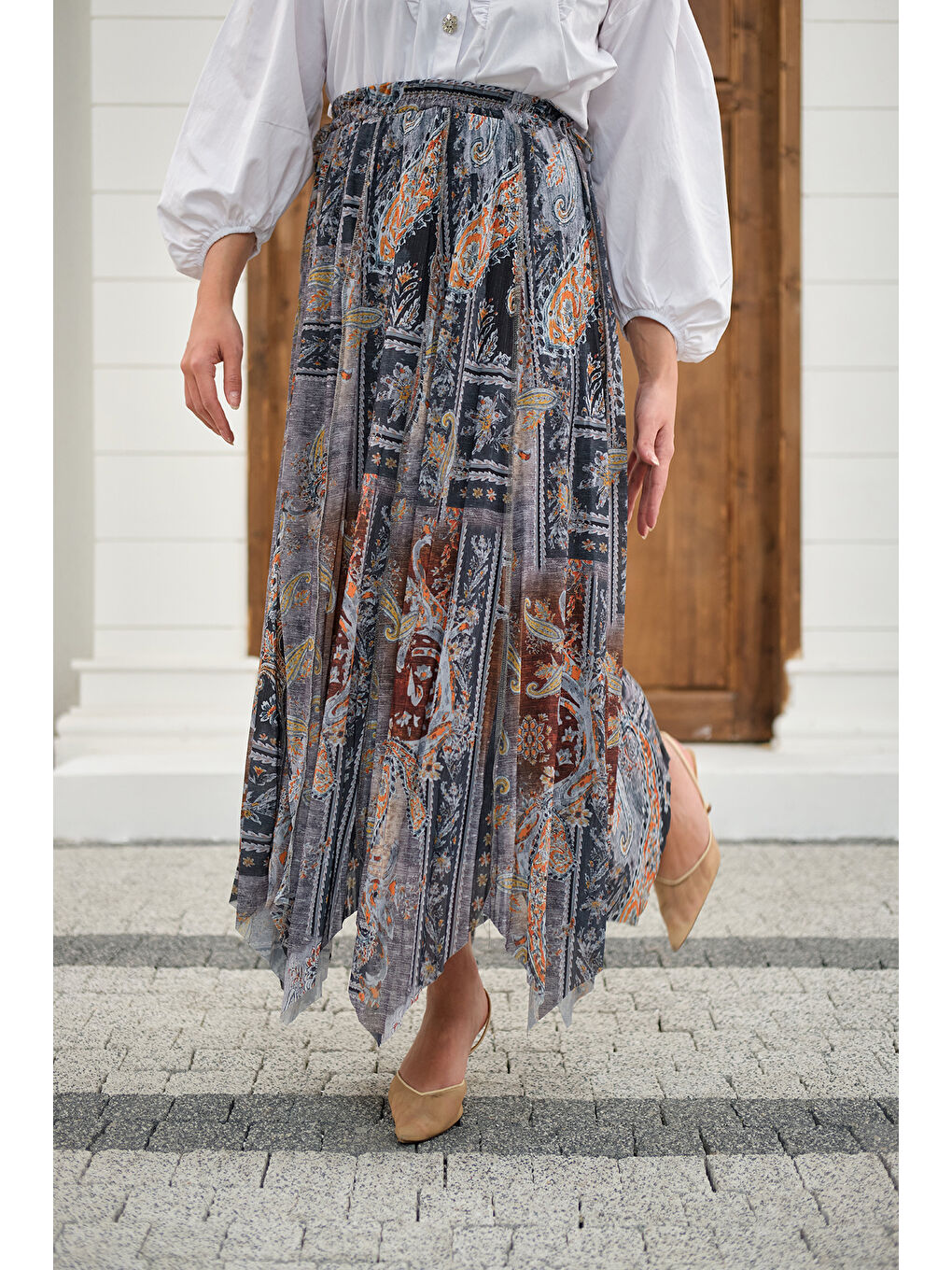 Kadın Etnik Desen Asimetrik Kesim Şifon Etek Antrasit-4