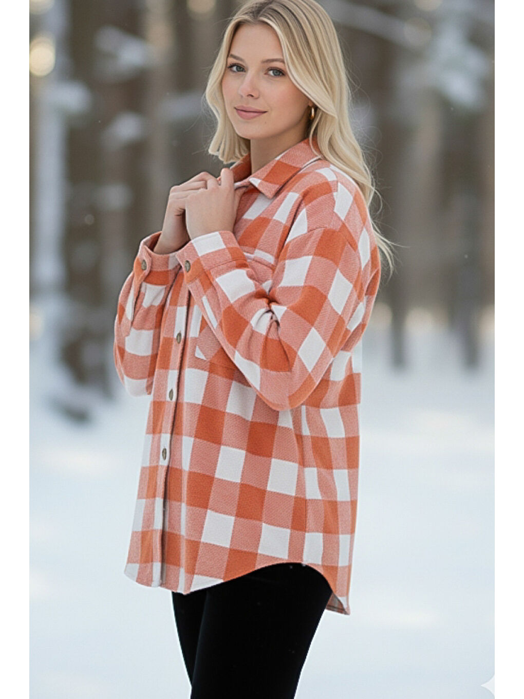 Turuncu-Beyaz Gömlek Yaka Manşetli Kollu Ekose Çift Kapaklı Cepli Kalın Oversize Dokuma Gömlek 68 66-3