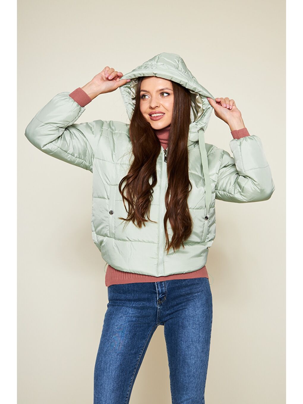 Yeşil Kadın Kışlık Cepli Basic Kapüşonlu Mint Şişme Mont-5
