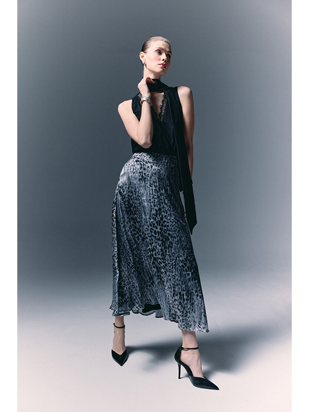 Leopar Desenli Uzun Etek - Siyah-3