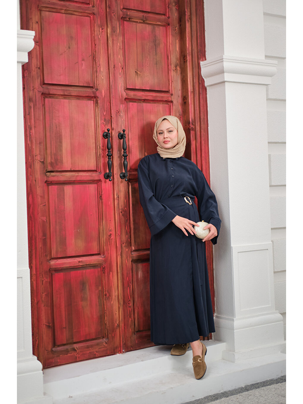 Kadın Gold Kemer Detay Gömlekli Takım Lacivert-3