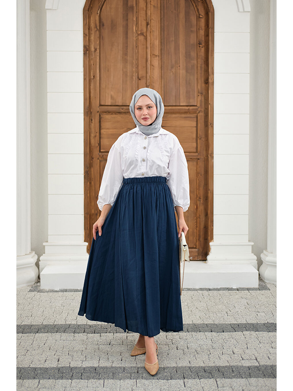 Kadın Beli Lastikli Kırışık Etek Lacivert-2