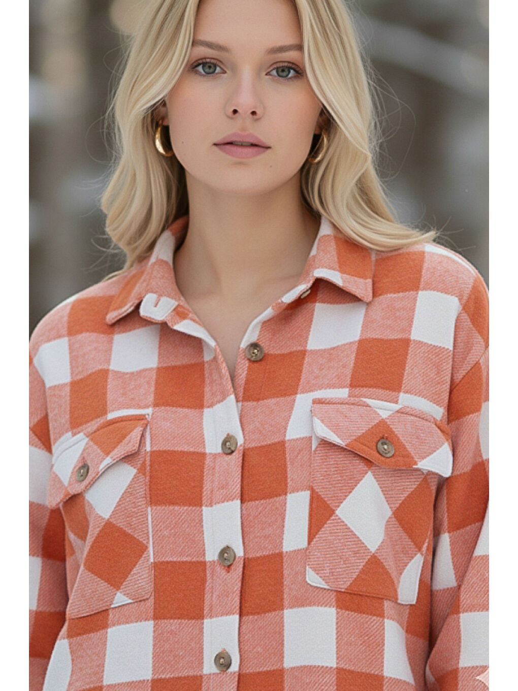 Turuncu-Beyaz Gömlek Yaka Manşetli Kollu Ekose Çift Kapaklı Cepli Kalın Oversize Dokuma Gömlek 68 66-4