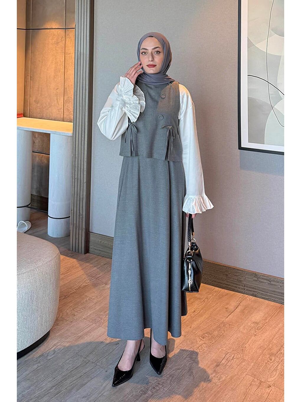 Düğmeli Yelekli Takım Gri