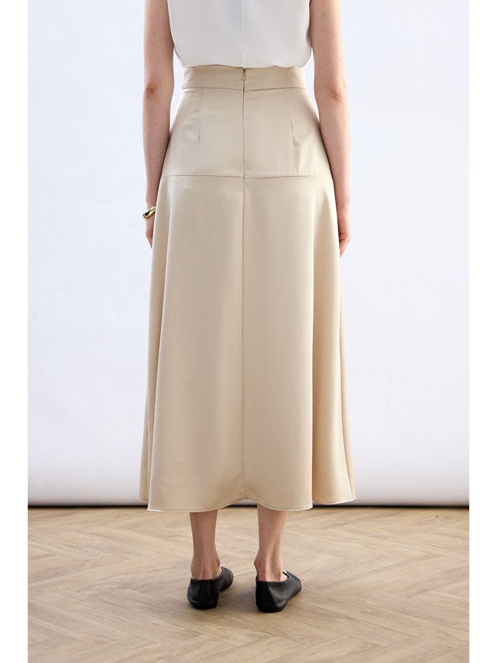 Bej Yüksek Bel Saten Etek - Taş-6