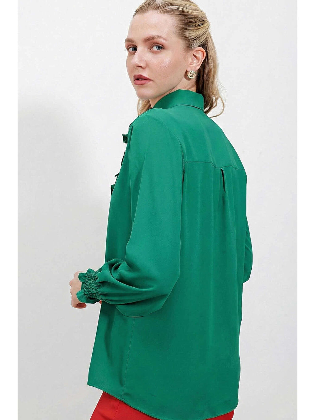 Yeşil Kadın Zümrüt Fırfır Detaylı Uzun Kollu Gömlek HZL25W-BD1202231-1