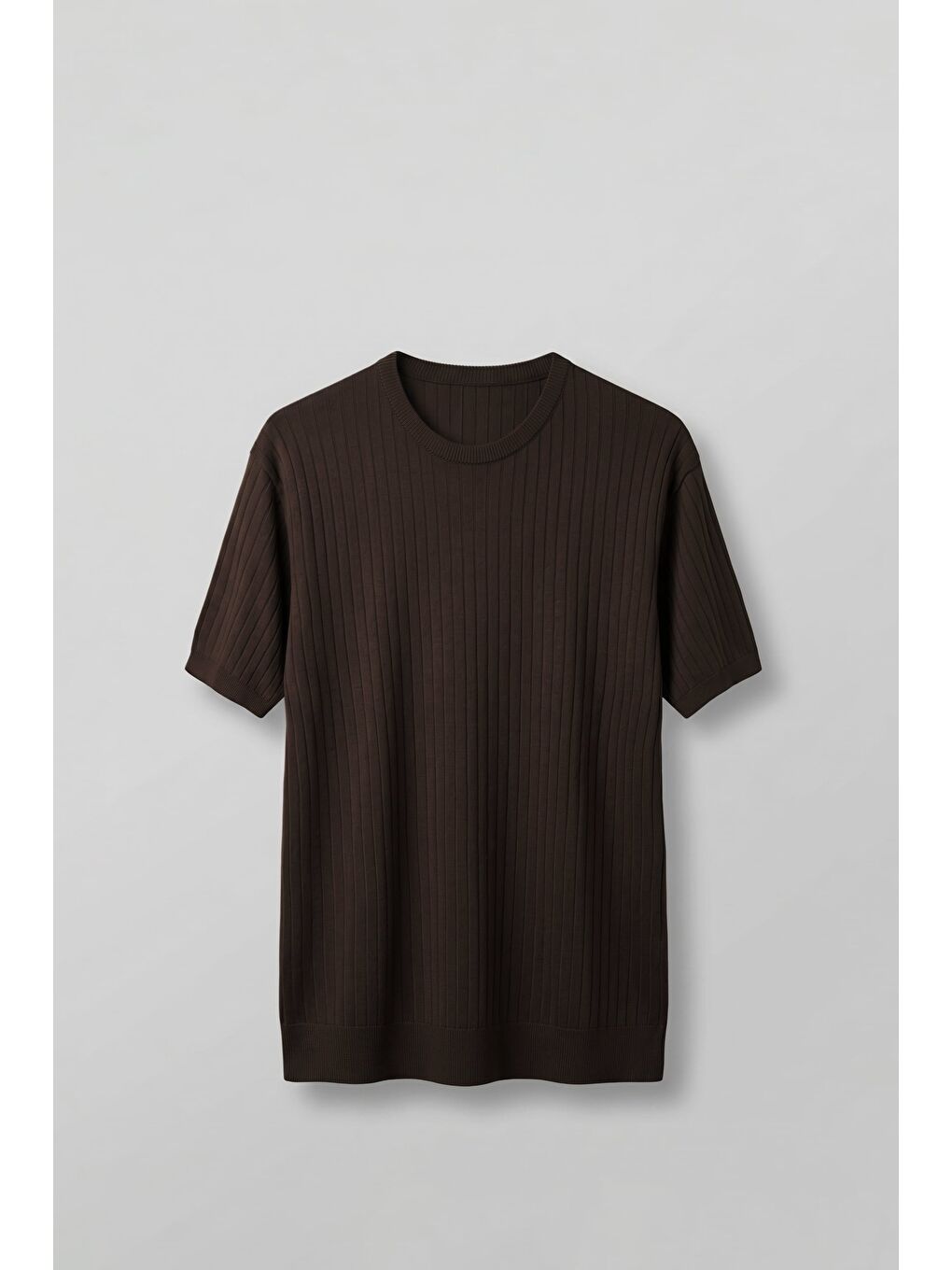Erkek Regular Fit Fitilli Triko Bisiklet Yaka T-Shirt Kahverengi