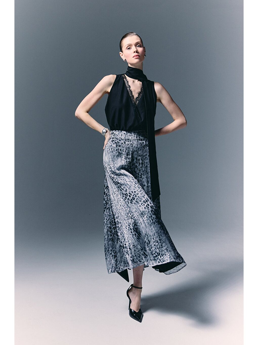 Leopar Desenli Uzun Etek - Siyah-4