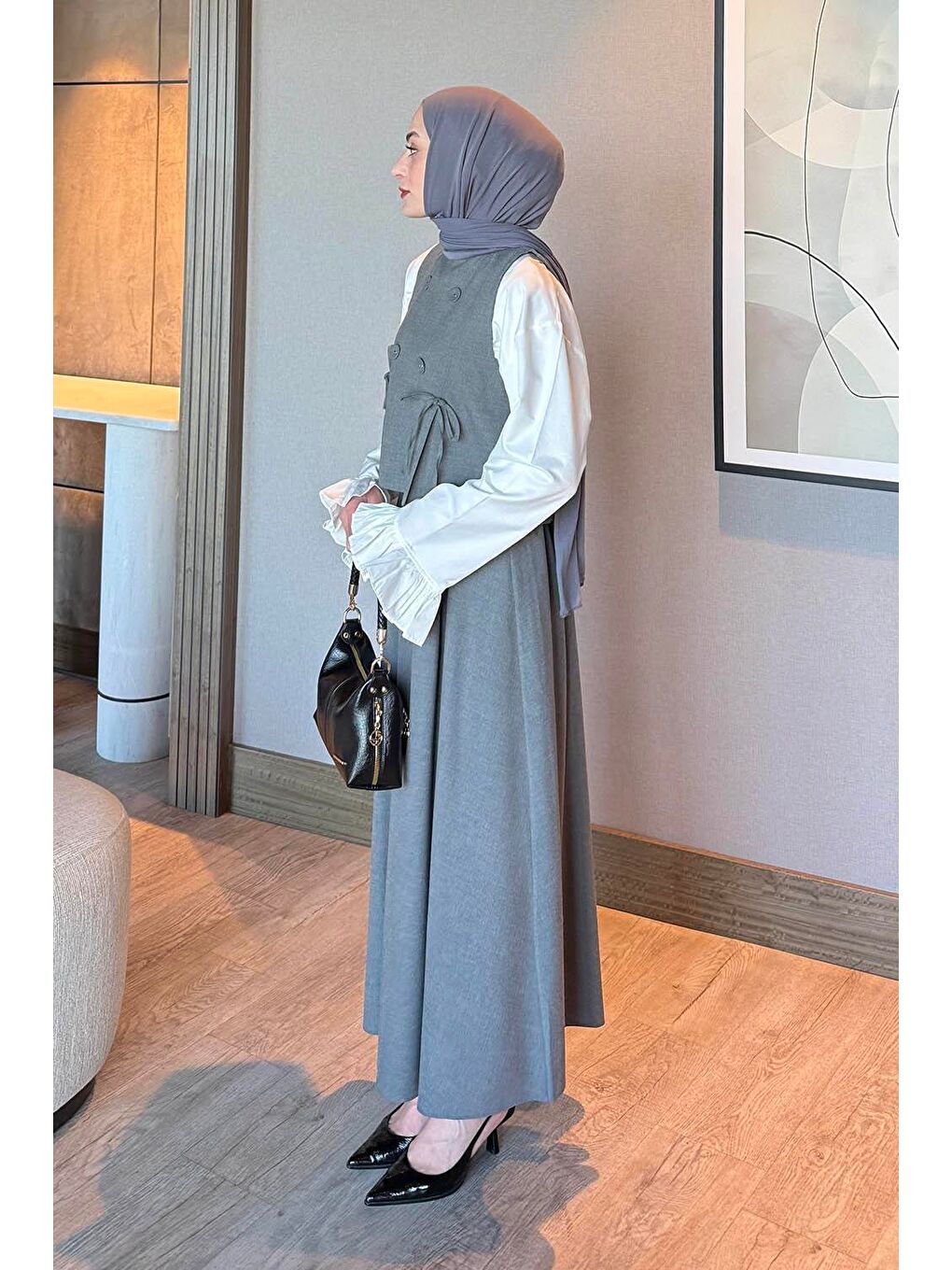 Düğmeli Yelekli Takım Gri-1