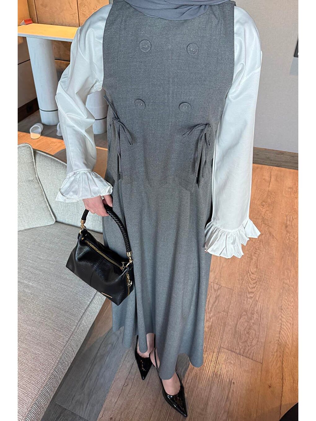 Düğmeli Yelekli Takım Gri-2