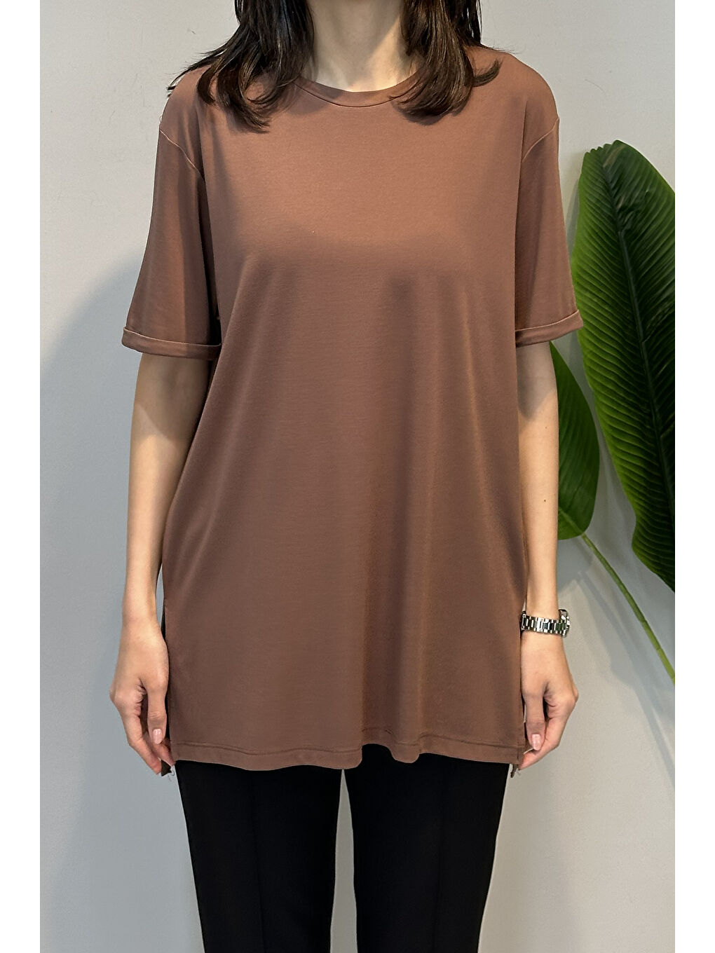 Kısa Kollu Bambu Bluz 161 Kahverengi-1