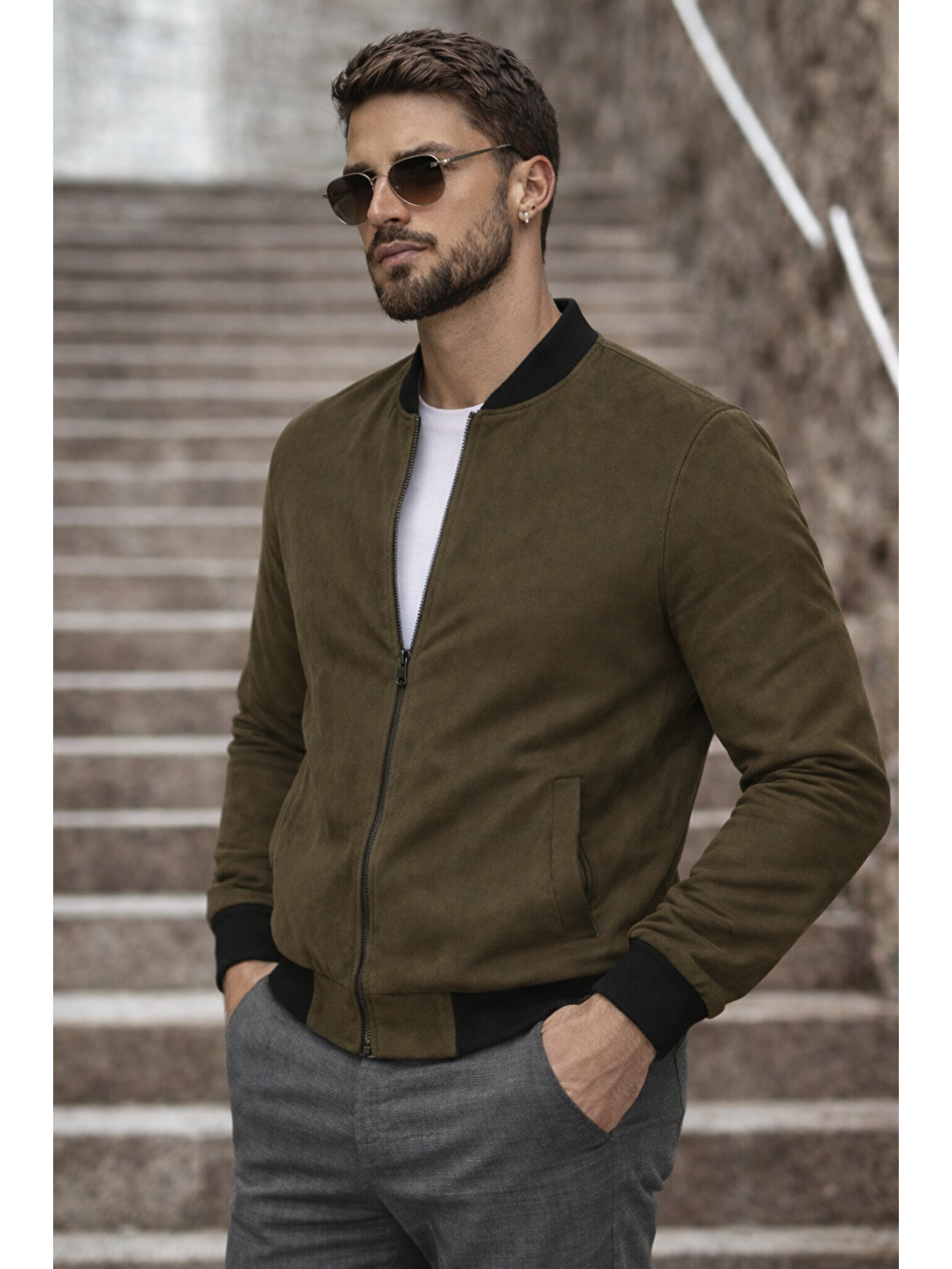 Erkek Basic Dar Kalıp Haki Nubuk Ceket-4