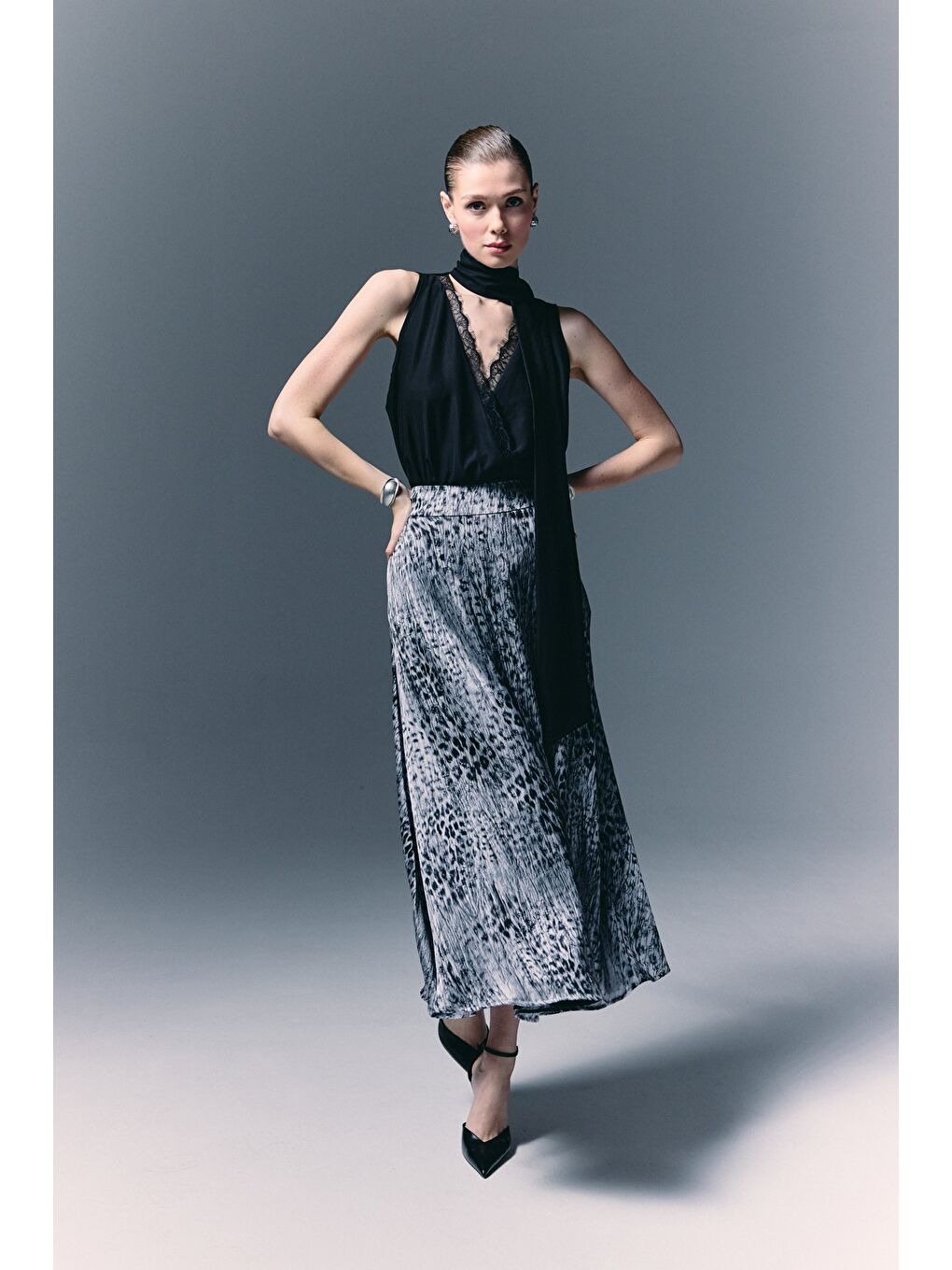 Leopar Desenli Uzun Etek - Siyah-5