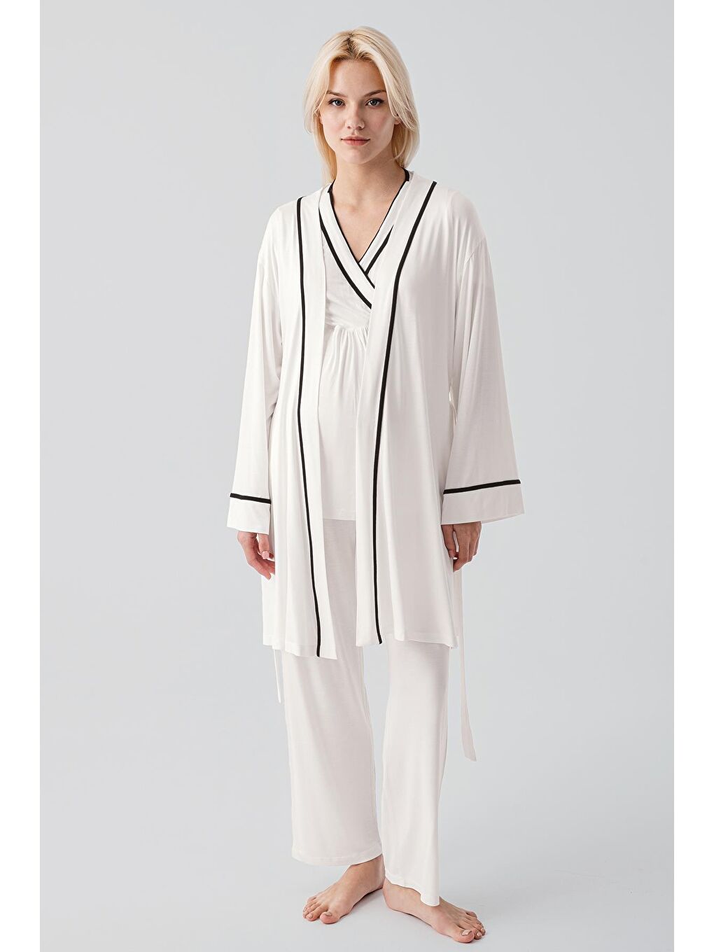 Ekru Kısa Kollu Emzirme Bölmeli Ayarlanabilir Bel Esnek Elastanlı Viskoz Soft Hamile Pijama Takım 19317