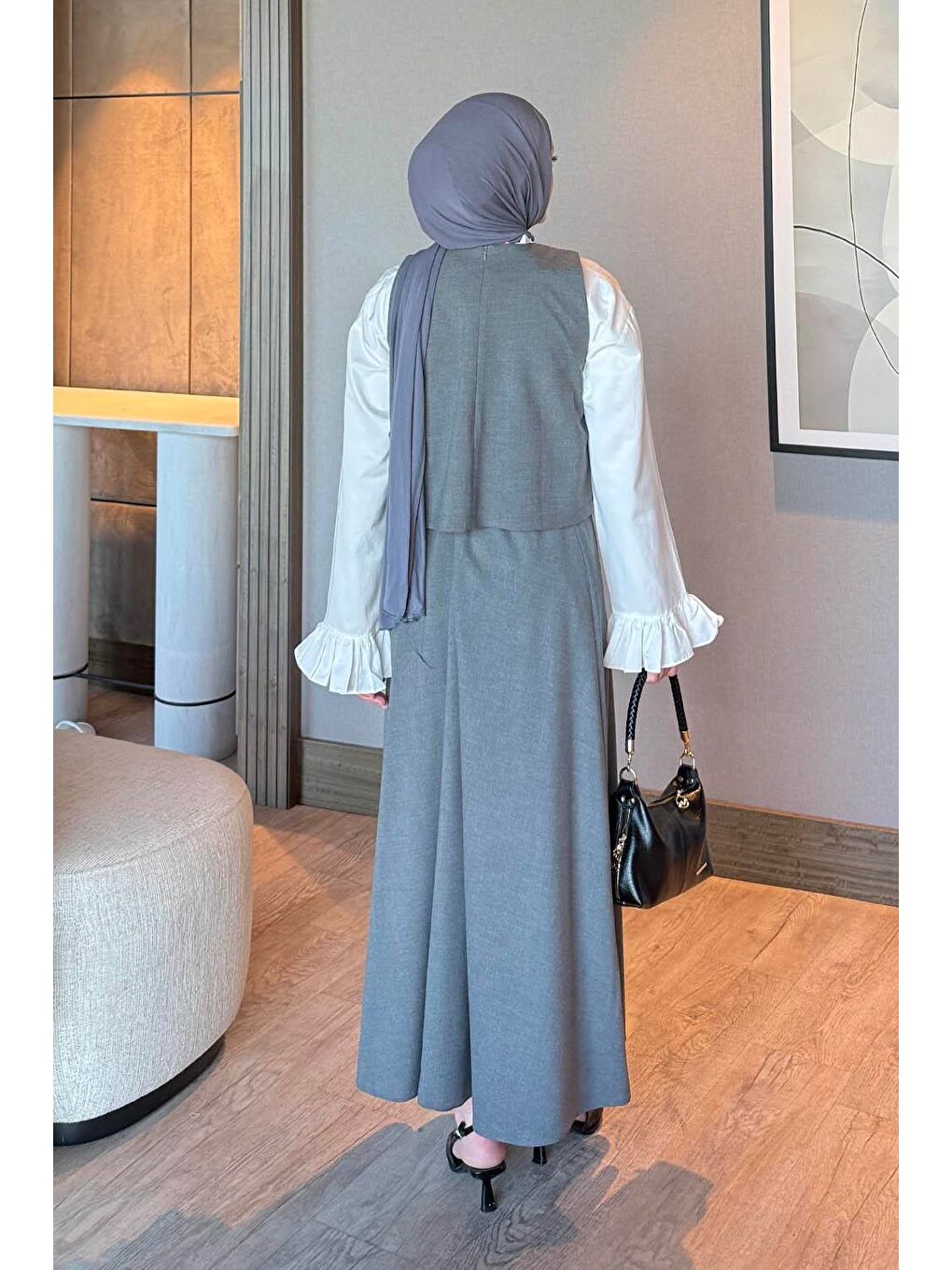 Düğmeli Yelekli Takım Gri-4