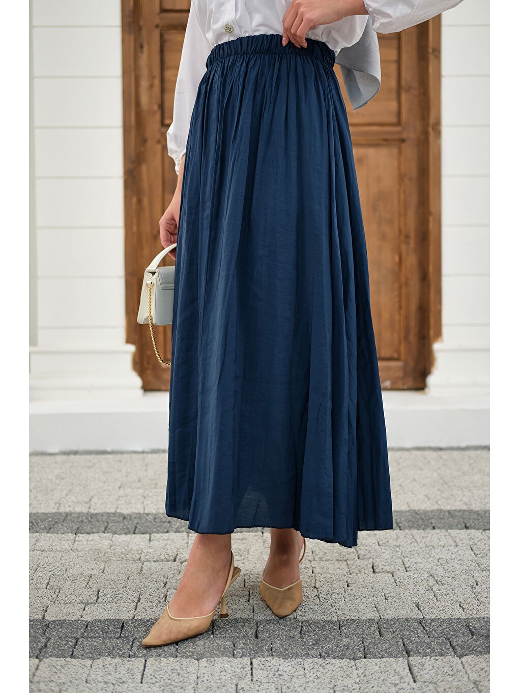 Kadın Beli Lastikli Kırışık Etek Lacivert-3