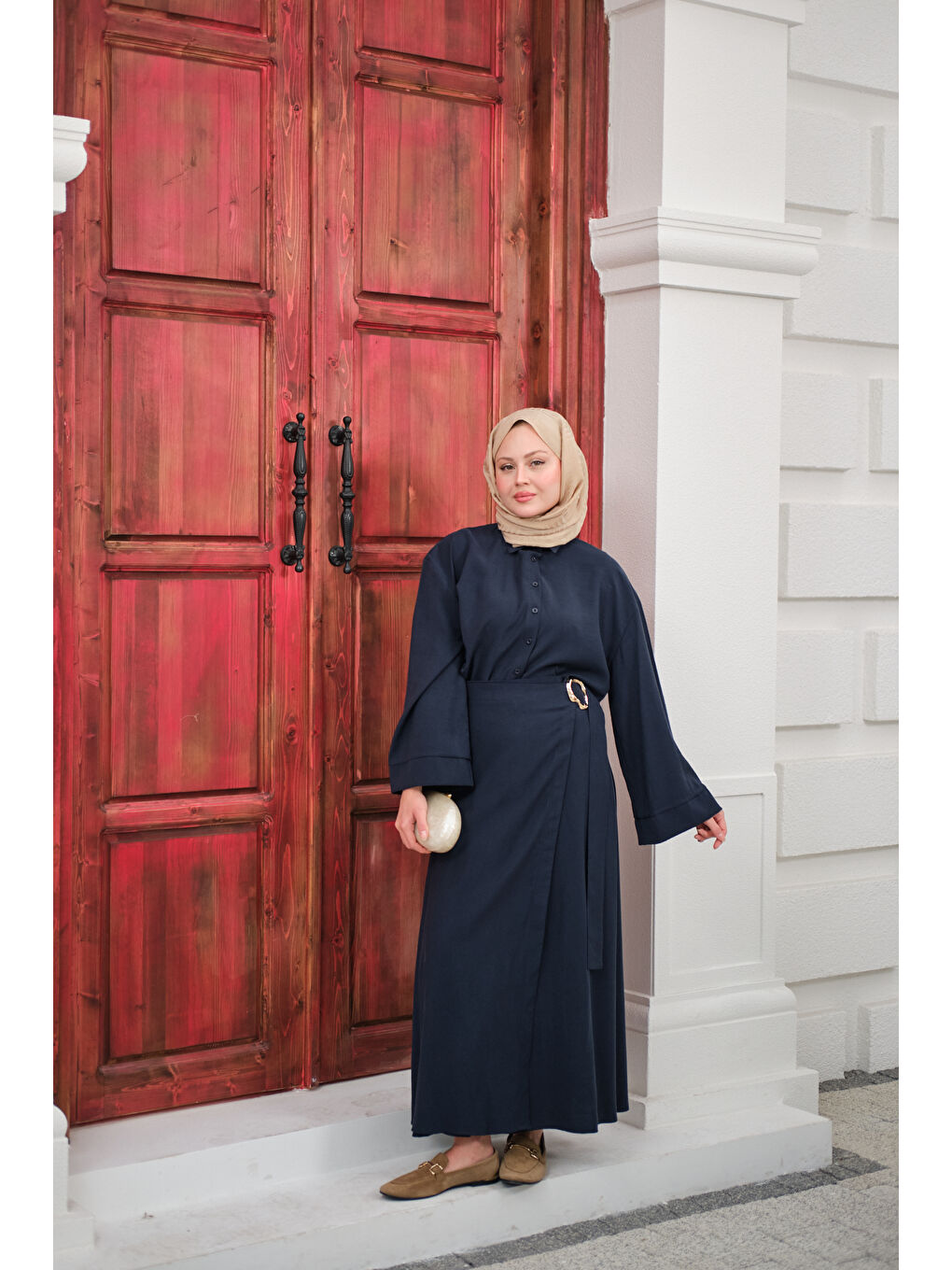 Kadın Gold Kemer Detay Gömlekli Takım Lacivert-4