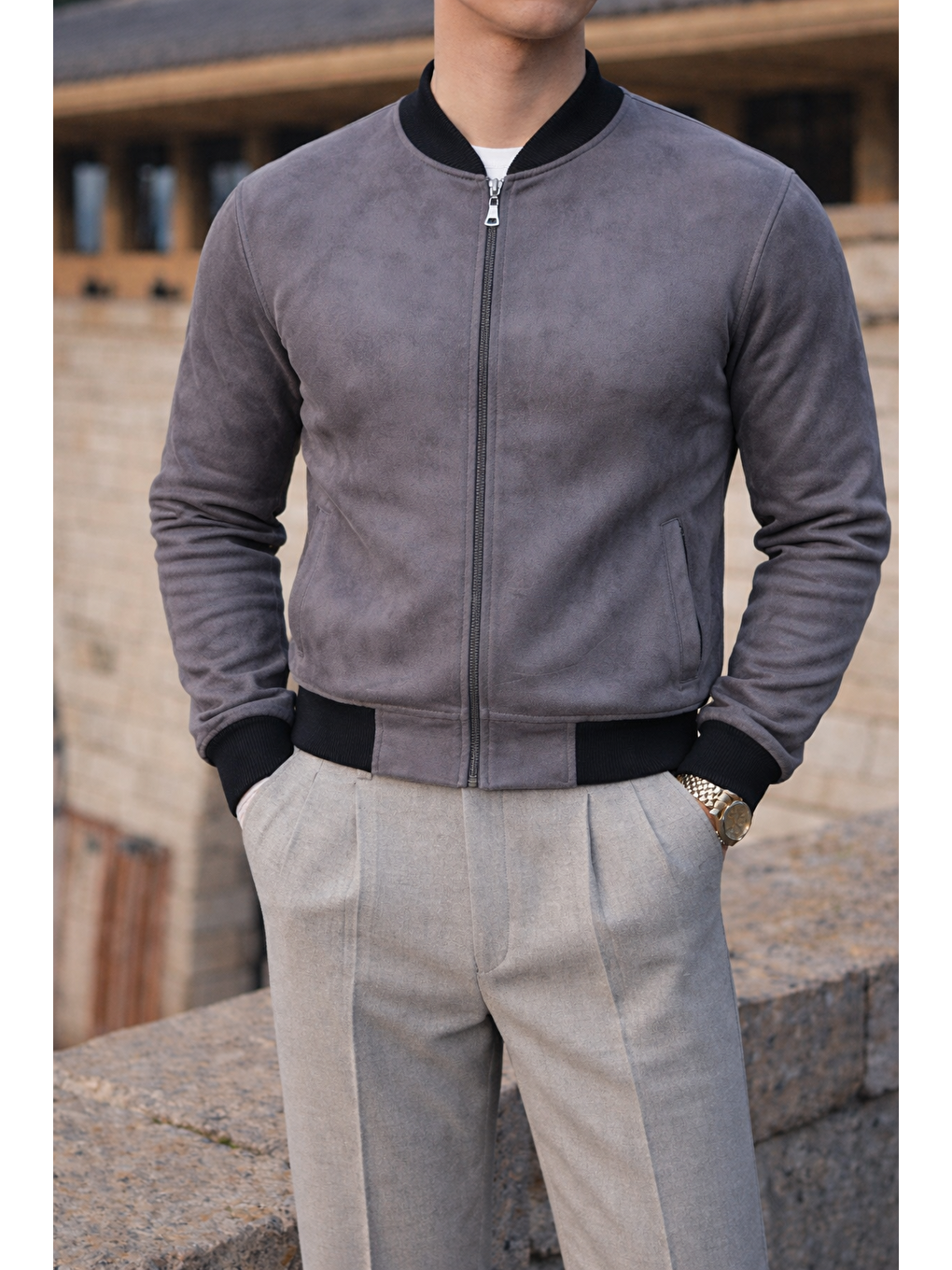 Gri Erkek Smart Casual Füme Nubuk Ceket