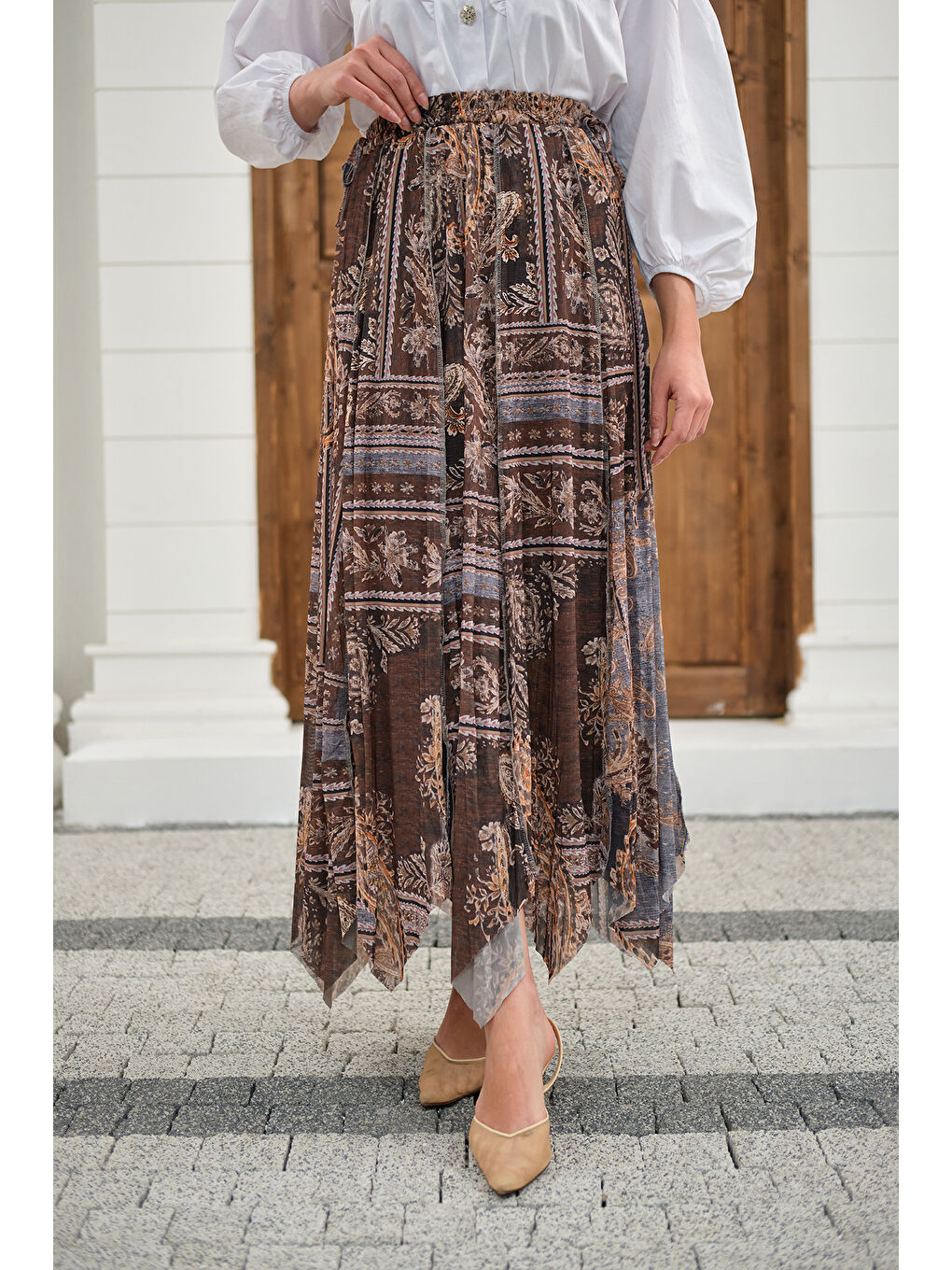 Kadın Etnik Desen Asimetrik Kesim Şifon Etek Gri-1