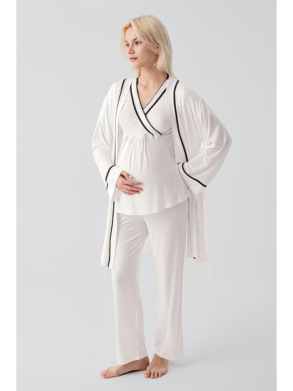 Ekru Kısa Kollu Emzirme Bölmeli Ayarlanabilir Bel Esnek Elastanlı Viskoz Soft Hamile Pijama Takım 19317-2