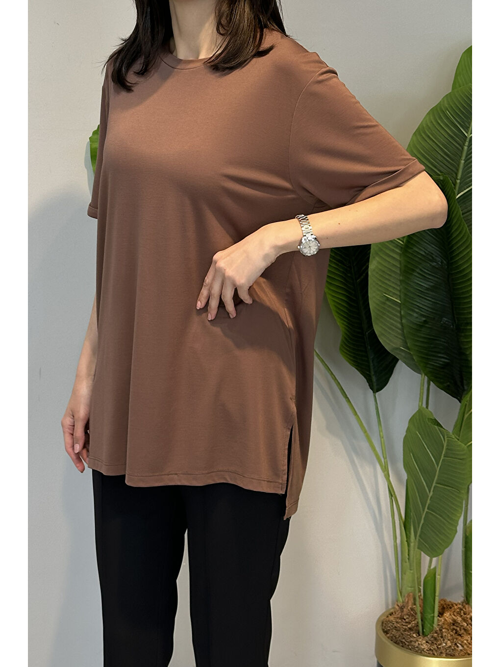 Kısa Kollu Bambu Bluz 161 Kahverengi-2