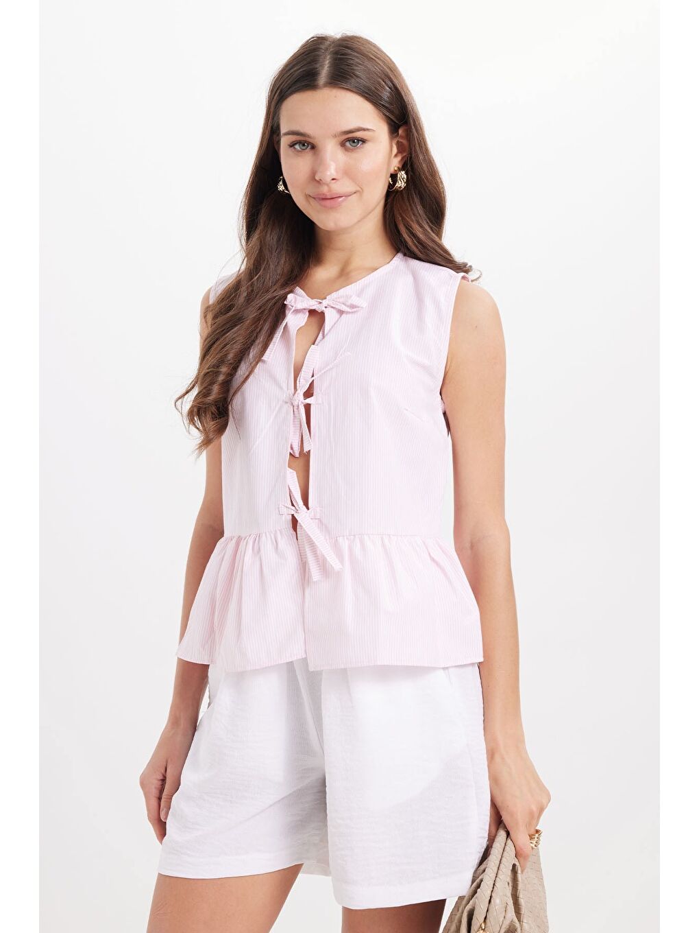 Kadın Slim Fit Dar Kesim Önden Bağlamalı Pamuklu Çizgili Pembe Bluz Gömlek