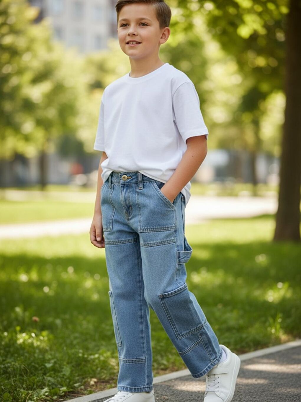 Erkek Çocuk Açık Mavi Renk Çok Cepli Baggy-Fit Jean Pantolon