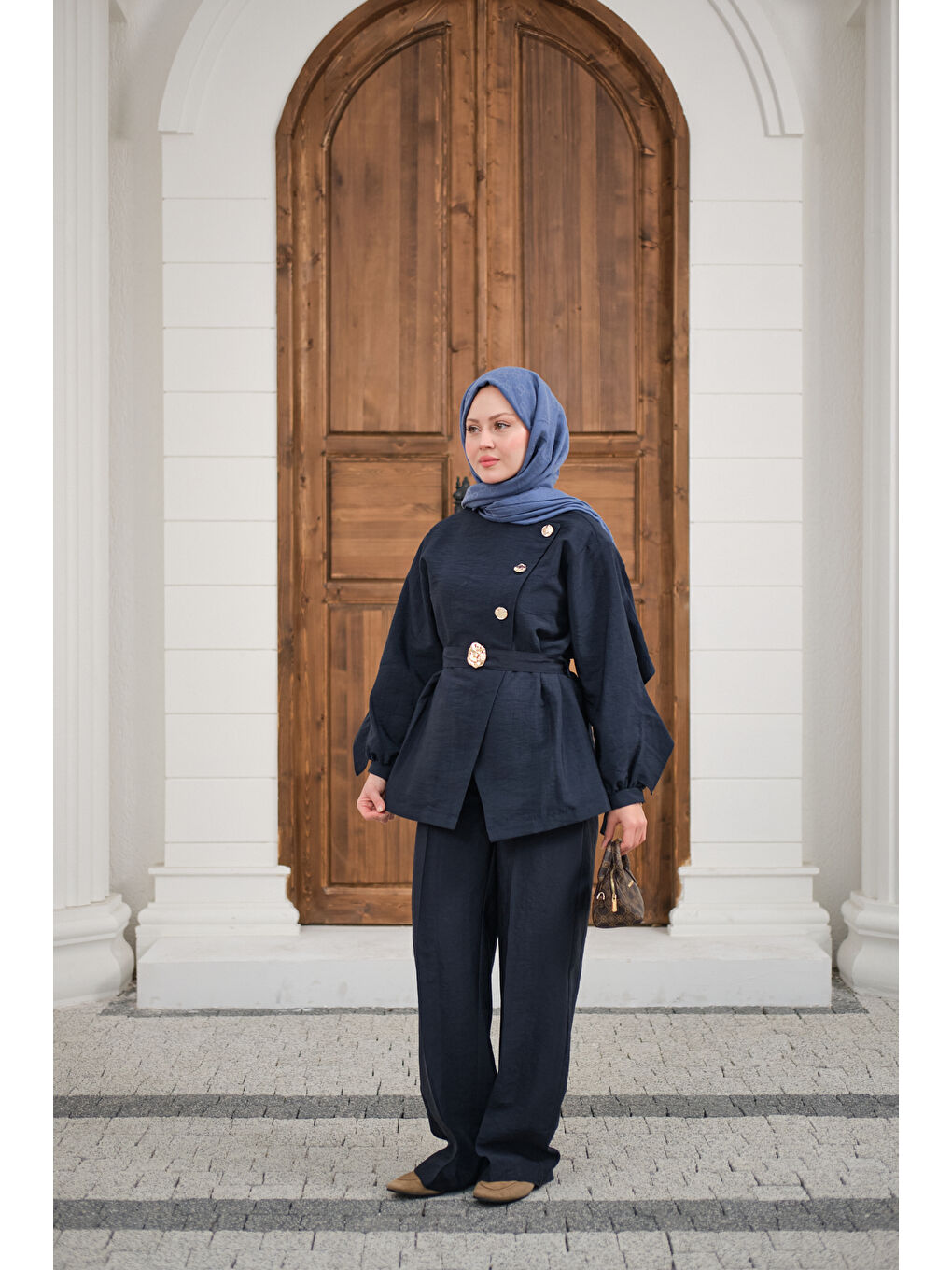 Kadın Gold Kemerli Düğme Detay Takım Lacivert-1