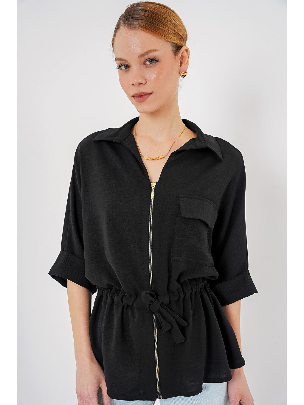 Fermuarlı Kadın Gömlek 0721 - Siyah