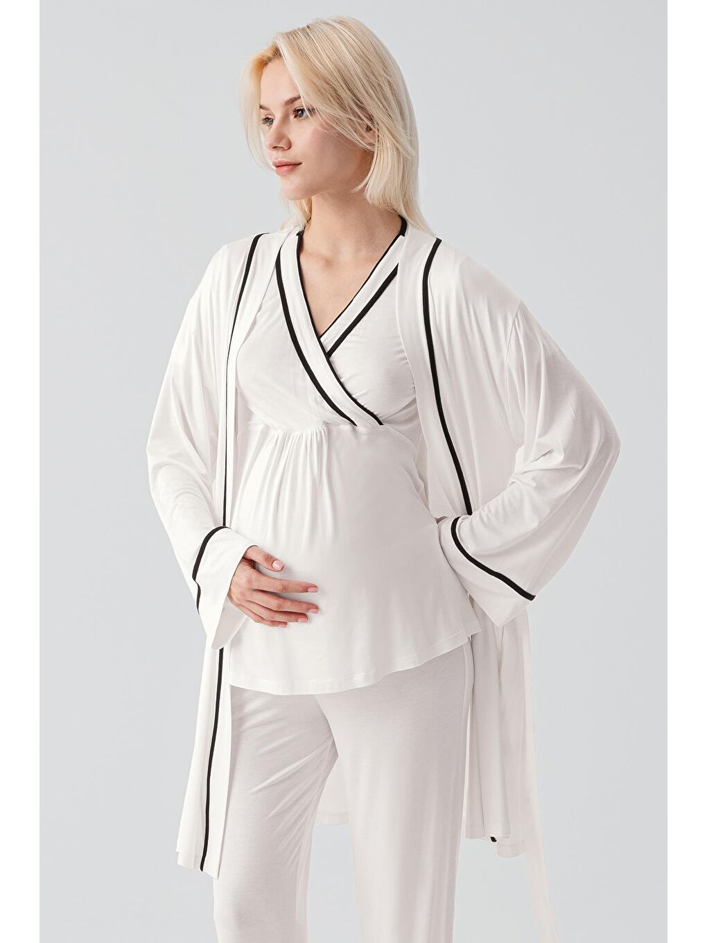 Ekru Kısa Kollu Emzirme Bölmeli Ayarlanabilir Bel Esnek Elastanlı Viskoz Soft Hamile Pijama Takım 19317-6