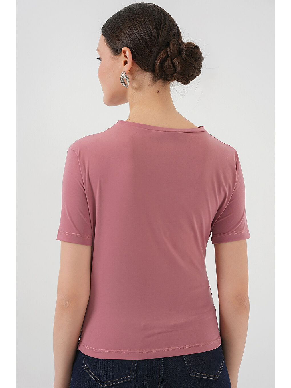 Pembe Büzgü Detaylı Kısa Kol Sandy Bluz 945 - Gül Kurusu-5