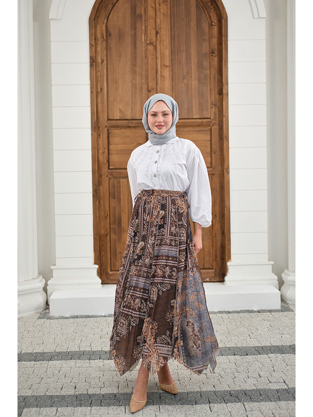 Kadın Etnik Desen Asimetrik Kesim Şifon Etek Gri-2