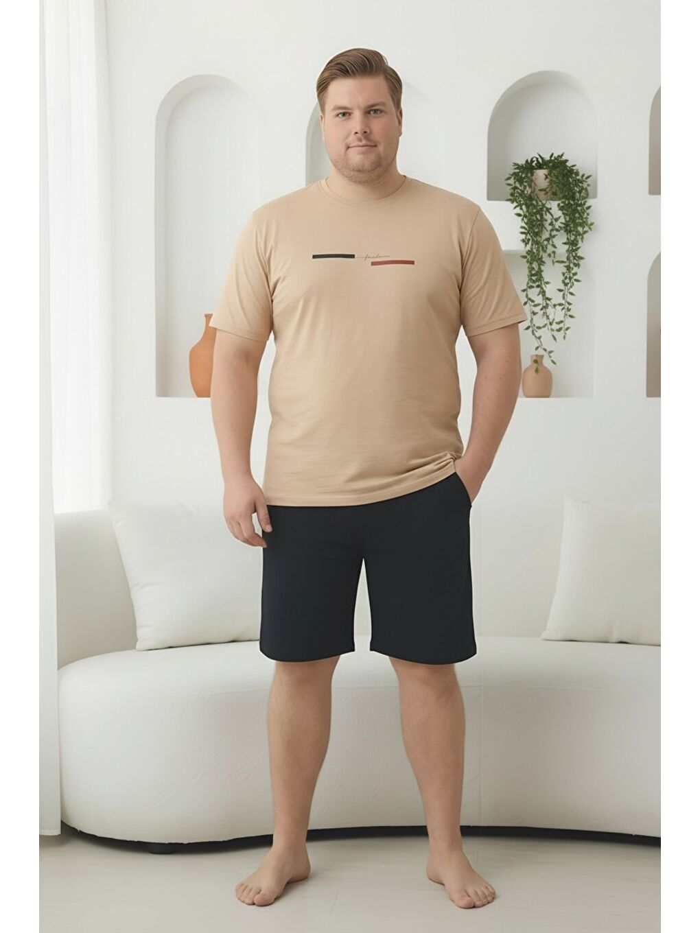 Bej %100 Pamuklu Kısa Kollu Cepli Büyük Beden Erkek Şortlu Pijama Takımı 2035-0