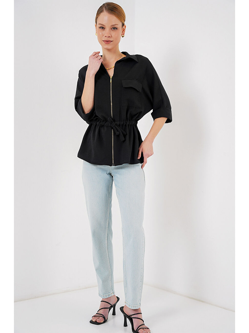 Fermuarlı Kadın Gömlek 0721 - Siyah-1