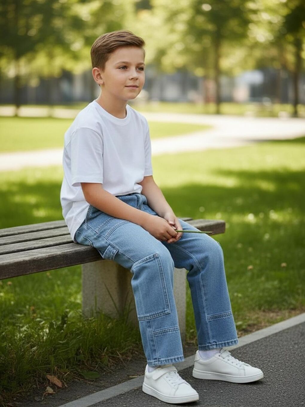 Erkek Çocuk Açık Mavi Renk Çok Cepli Baggy-Fit Jean Pantolon-1