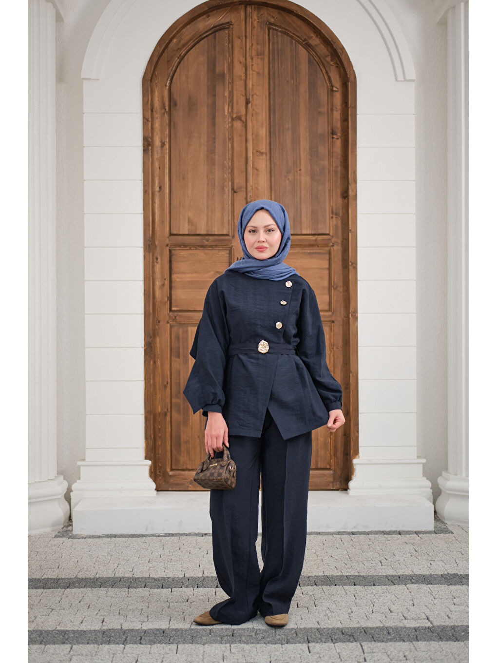 Kadın Gold Kemerli Düğme Detay Takım Lacivert-2