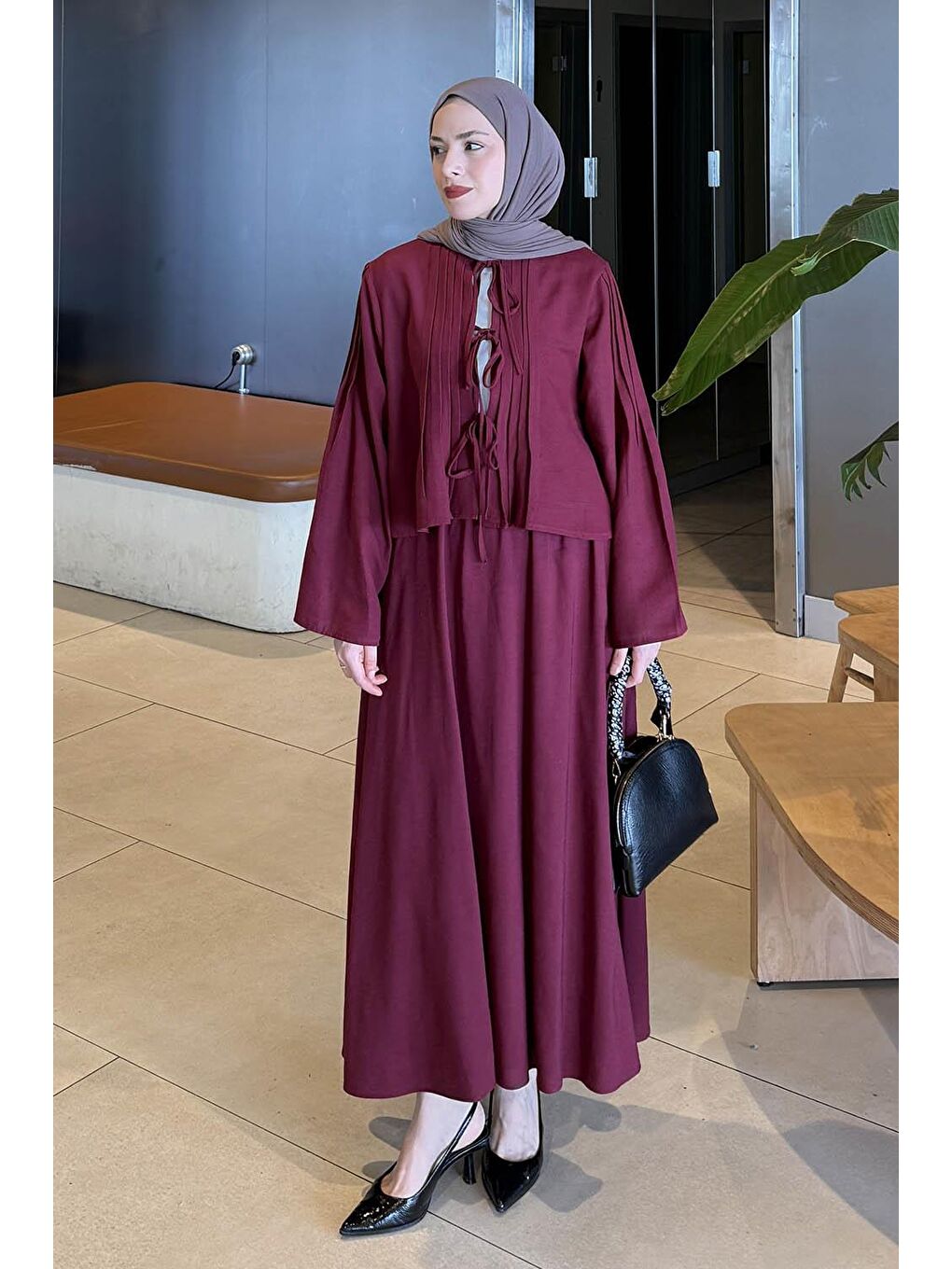 Pileli Bağlama Detaylı Takım Bordo