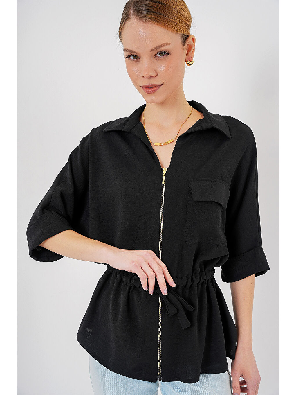 Fermuarlı Kadın Gömlek 0721 - Siyah-2