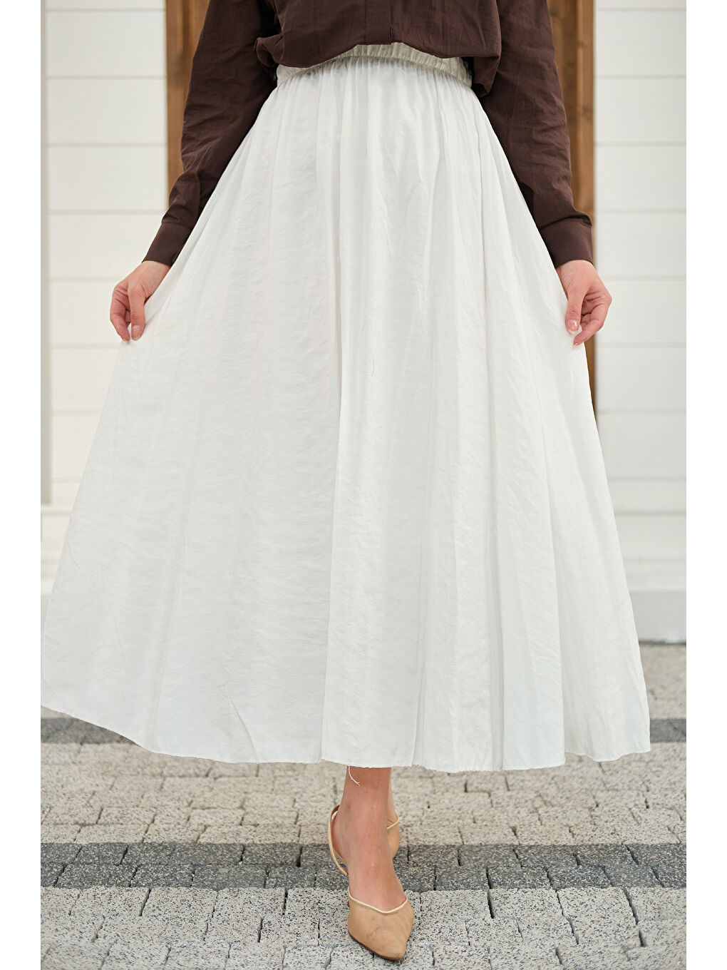 Kadın Beli Lastikli Kırışık Etek Beyaz-1