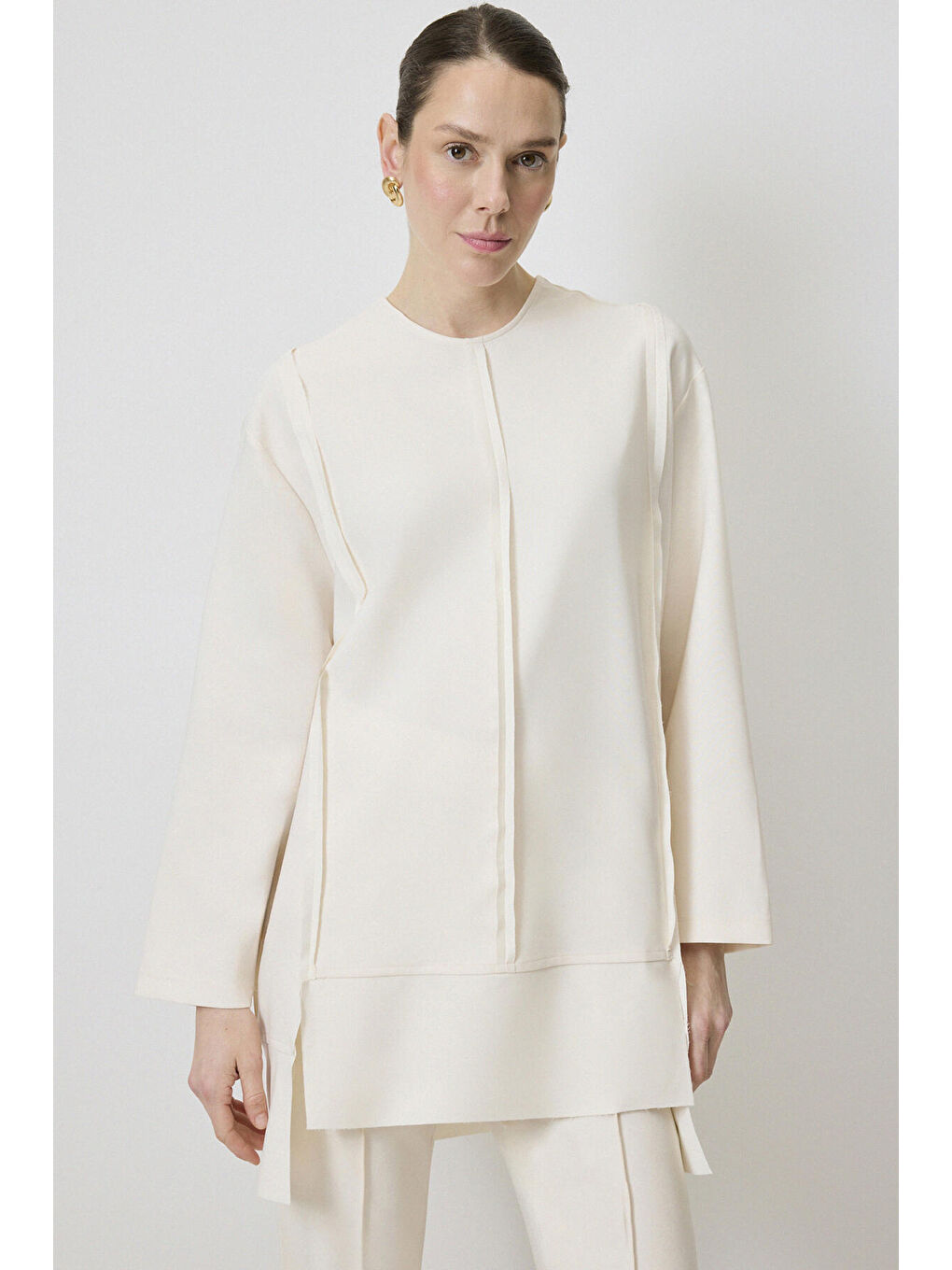 Ekru Nervürlü Krep Tunik-1