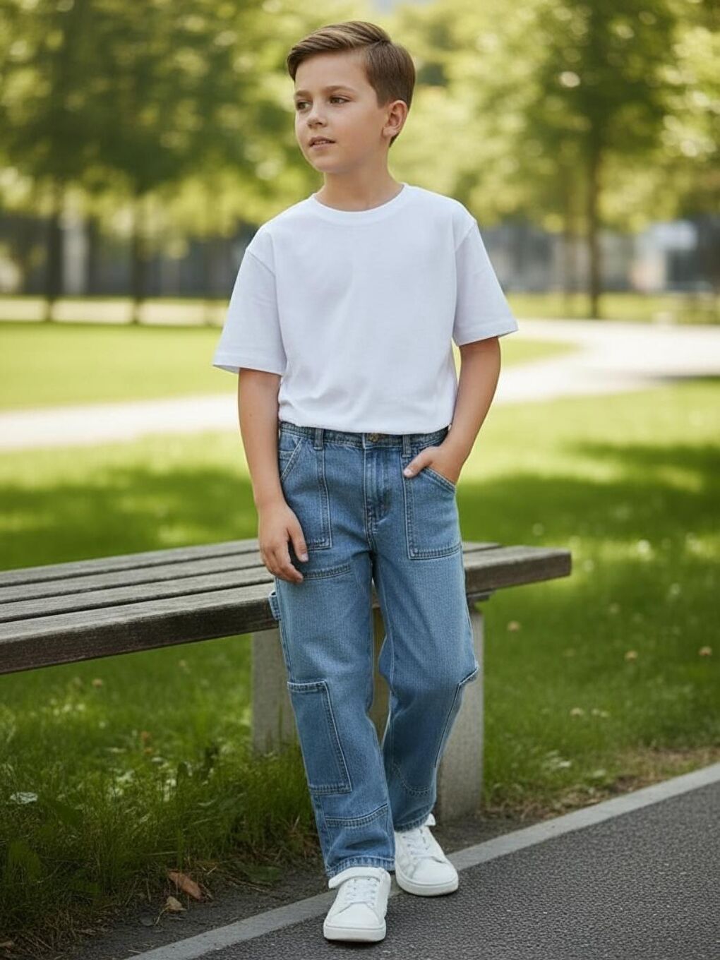 Erkek Çocuk Açık Mavi Renk Çok Cepli Baggy-Fit Jean Pantolon-2